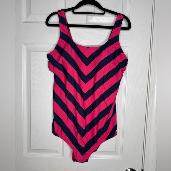 LANDS END NWT Hot Pink/Navy Striped One Piece Bathing Suit Chlorine Resistant 16 - Picture 1 of 6
